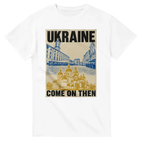 Two-colour scenic illustration for Ukraine, with the place name and COME ON THEN lettering.