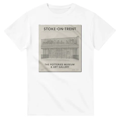 Fine-line engraving-style drawing for Stoke-on-Trent, with a landmark caption and small coordinate text.