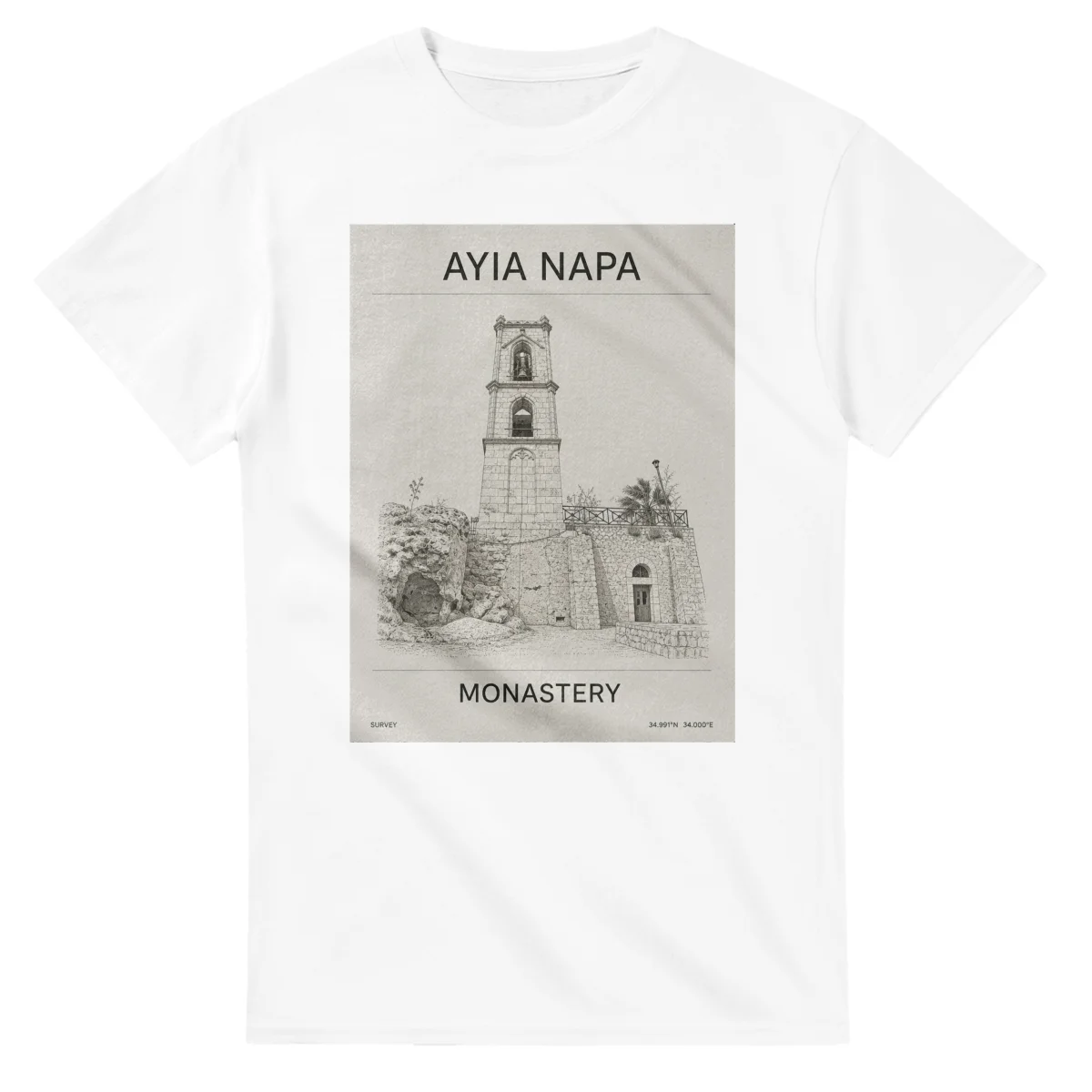 Fine-line engraving-style drawing for Ayia Napa, with a landmark caption and small coordinate text.