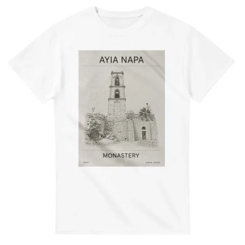 Fine-line engraving-style drawing for Ayia Napa, with a landmark caption and small coordinate text.