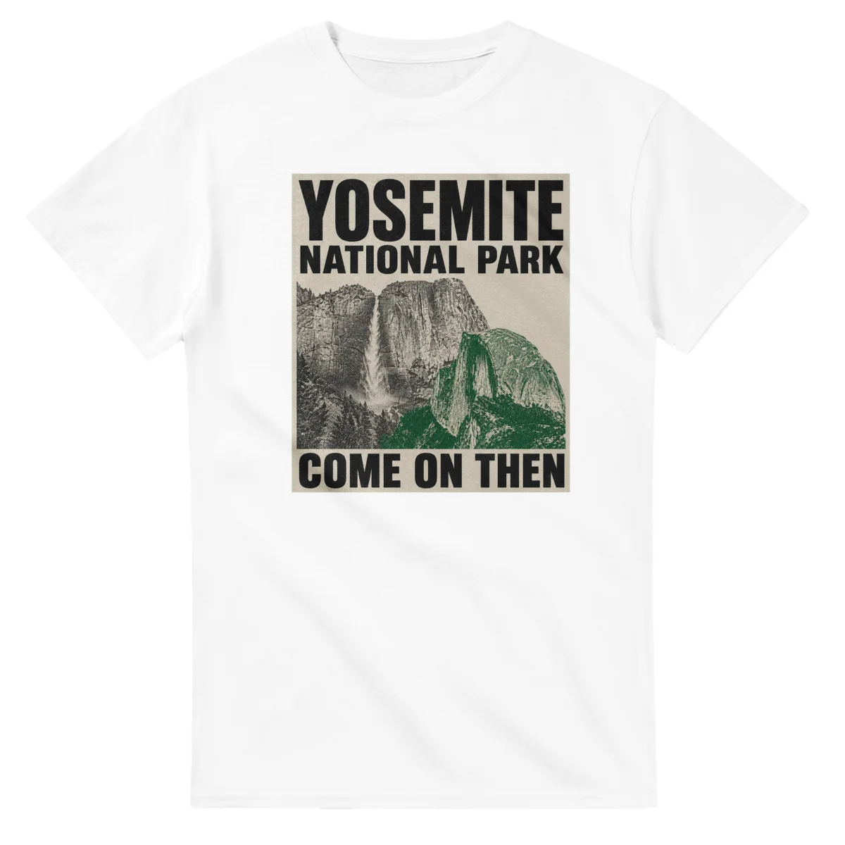 Two-colour scenic illustration for Yosemite National Park, with the place name and COME ON THEN lettering.