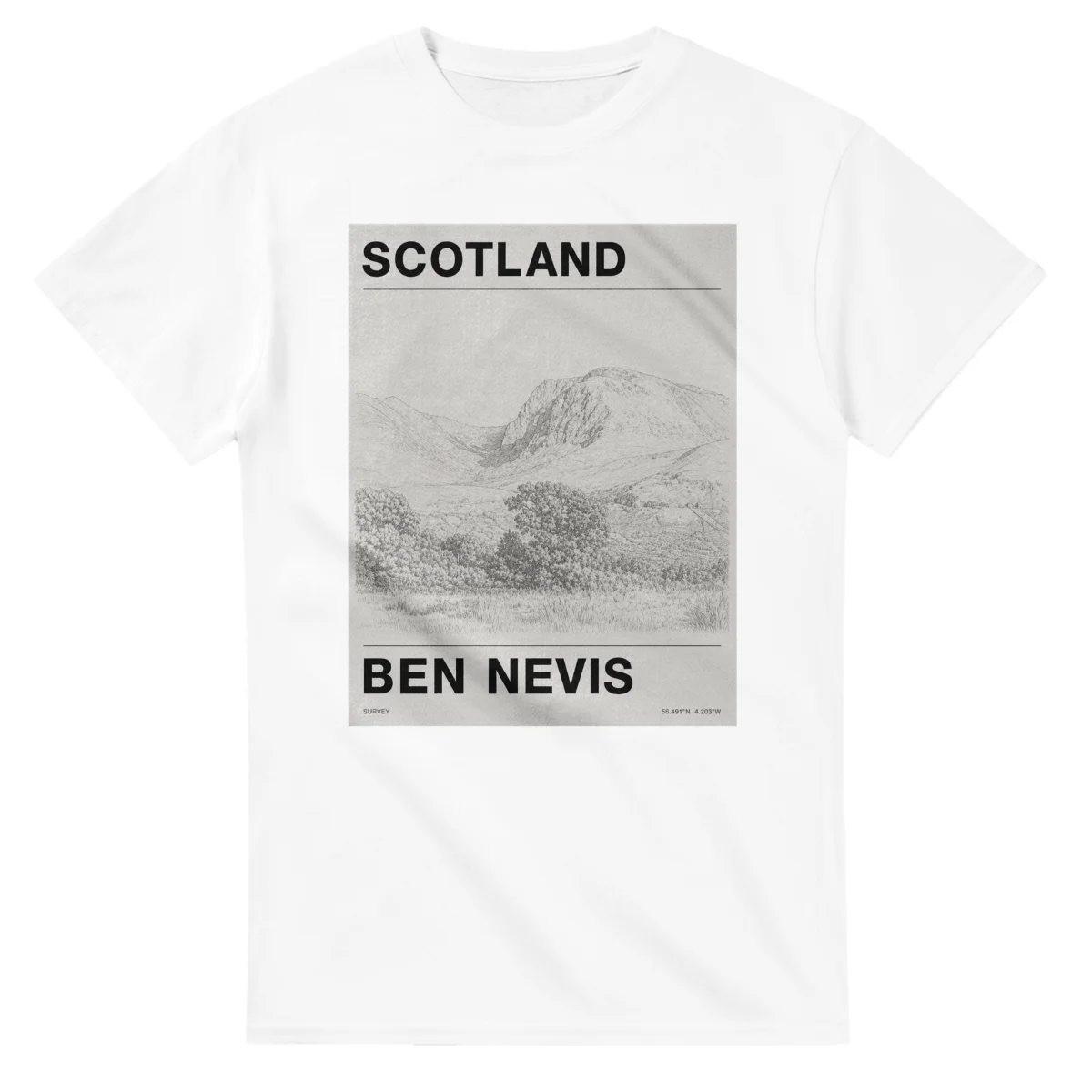 Fine-line engraving-style drawing for Scotland, with a landmark caption and small coordinate text.
