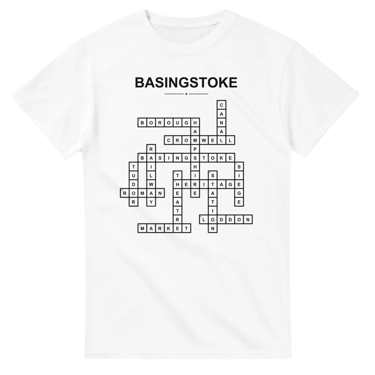Monochrome crossword sheet for Basingstoke, with a large place-name heading, a letter grid, and numbered across and down clues.