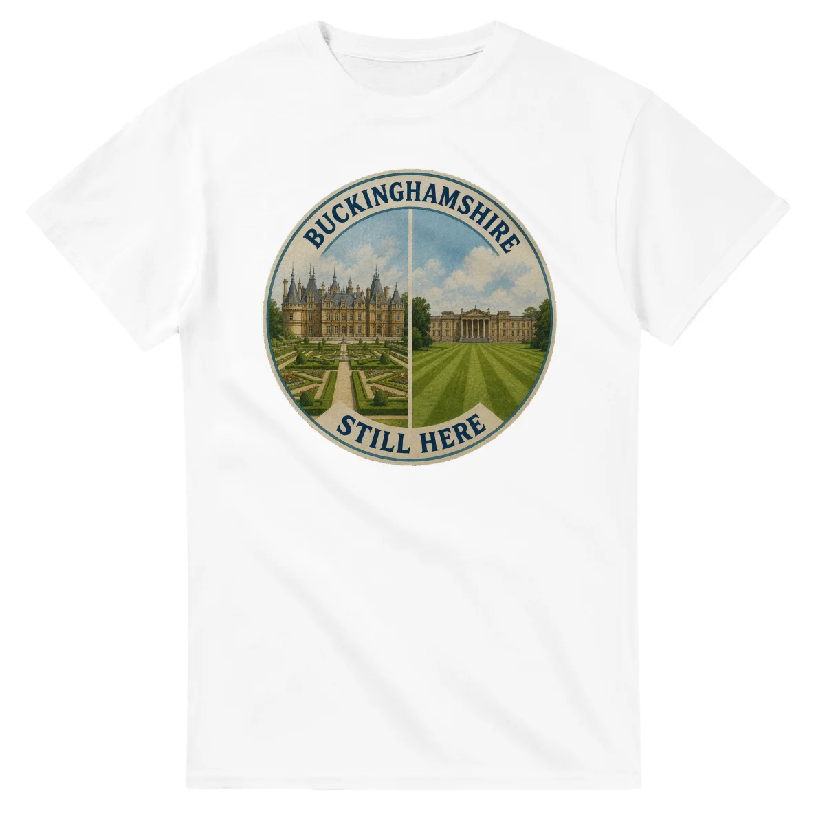 Painted, panelled scenic illustration for Buckinghamshire, with paired local scenes and the place name in lettering.