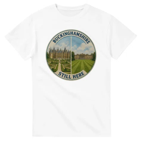 Painted, panelled scenic illustration for Buckinghamshire, with paired local scenes and the place name in lettering.