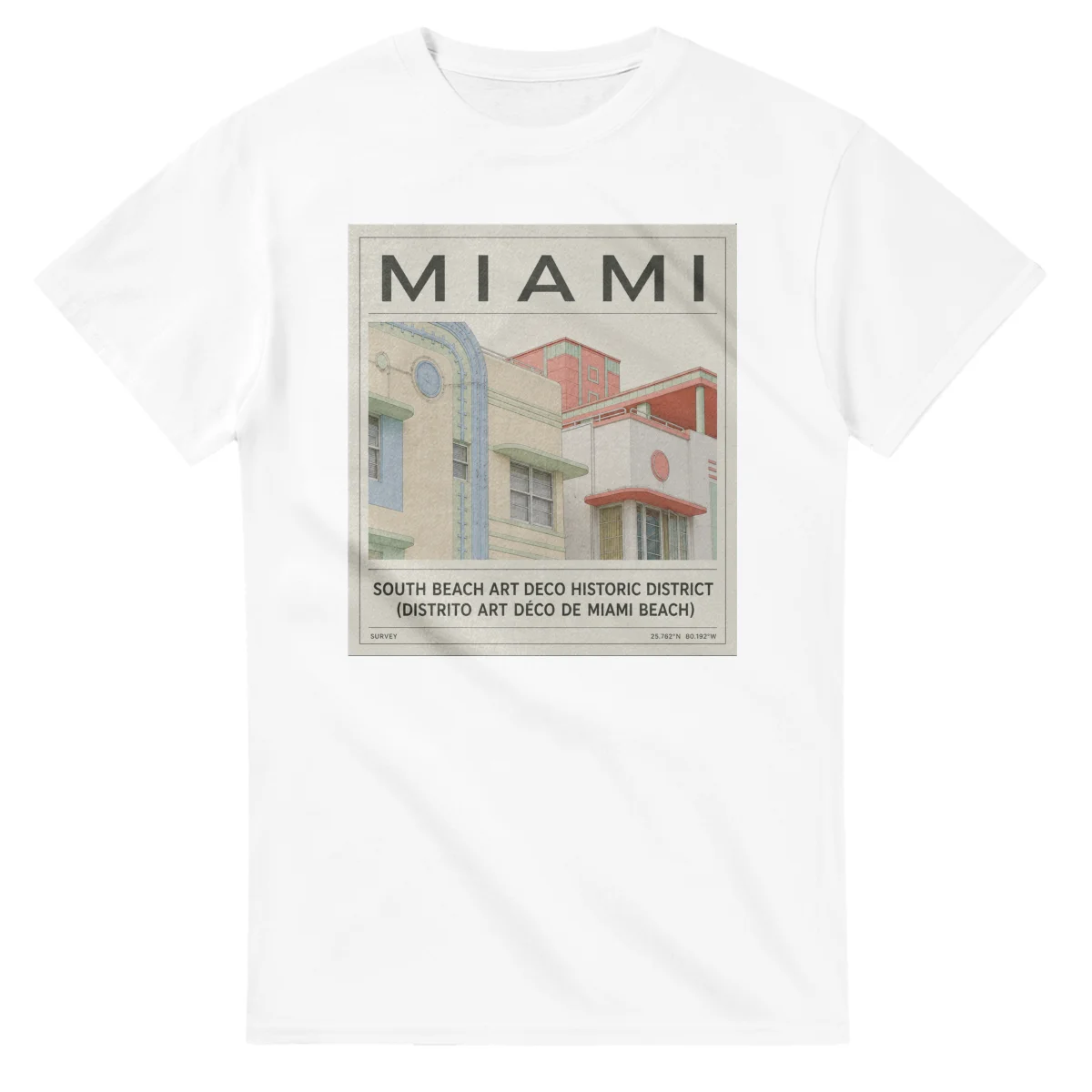 Fine-line engraving-style drawing for Miami, with a landmark caption and small coordinate text.