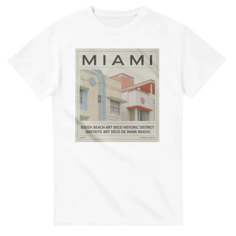 Fine-line engraving-style drawing for Miami, with a landmark caption and small coordinate text.