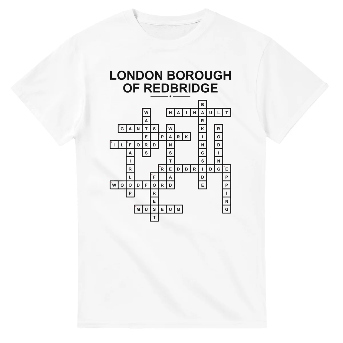 Monochrome crossword sheet for London Borough of Redbridge, with a large place-name heading, a letter grid, and numbered across and down clues.