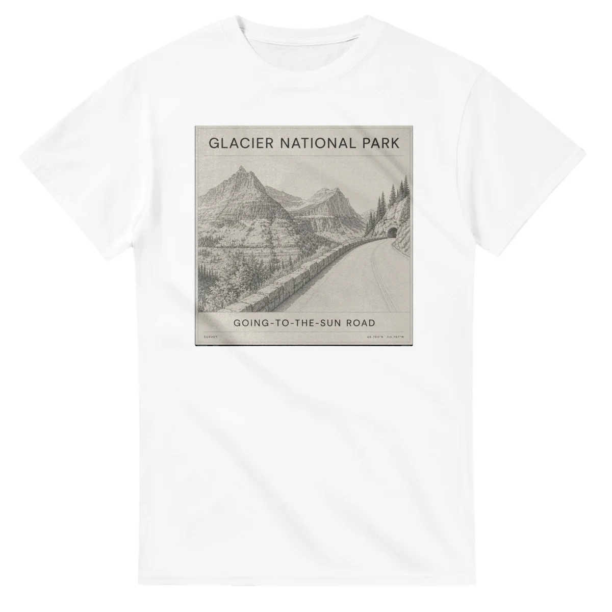 Fine-line engraving-style drawing for Glacier National Park, with a landmark caption and small coordinate text.