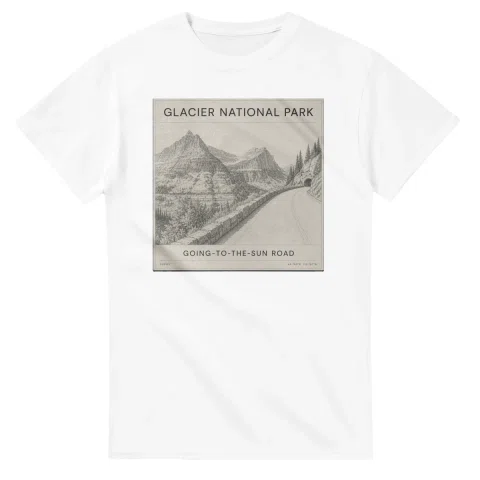 Fine-line engraving-style drawing for Glacier National Park, with a landmark caption and small coordinate text.