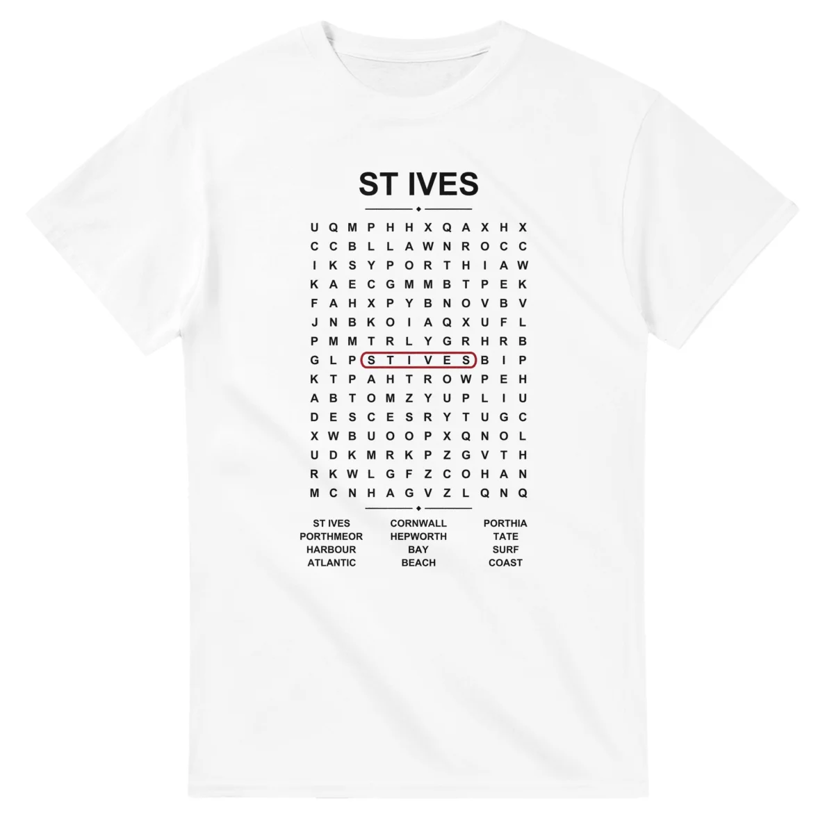Word-search sheet for St Ives, with a large place-name heading, a letter grid, a local answer list, and a red highlighted example word.