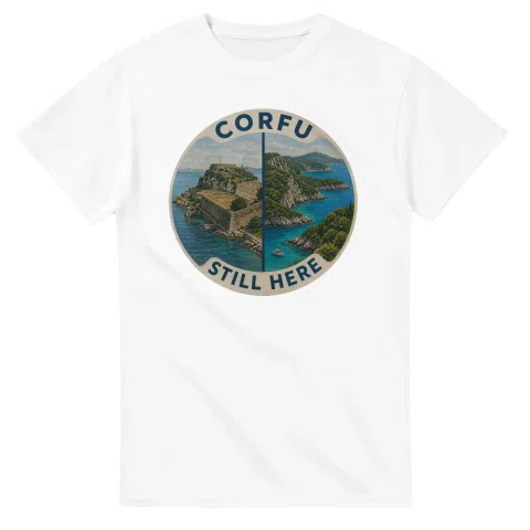 Painted, panelled scenic illustration for Corfu, with paired local scenes and the place name in lettering.