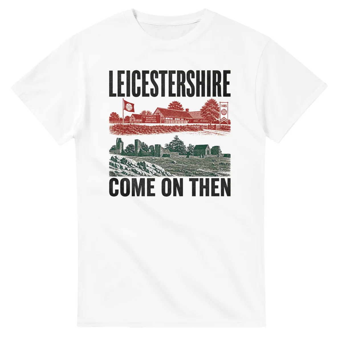 Two-colour scenic illustration for Leicestershire, with the place name and COME ON THEN lettering.