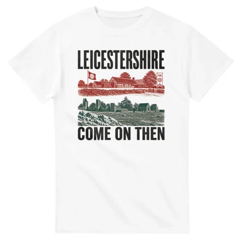 Two-colour scenic illustration for Leicestershire, with the place name and COME ON THEN lettering.