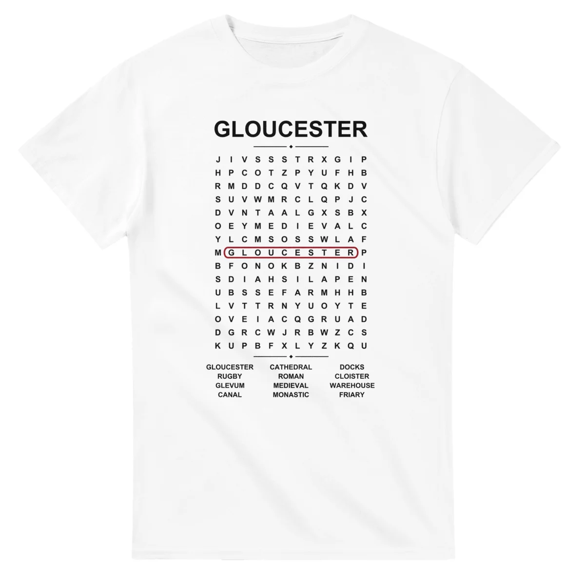 Word-search sheet for Gloucester, with a large place-name heading, a letter grid, a local answer list, and a red highlighted example word.