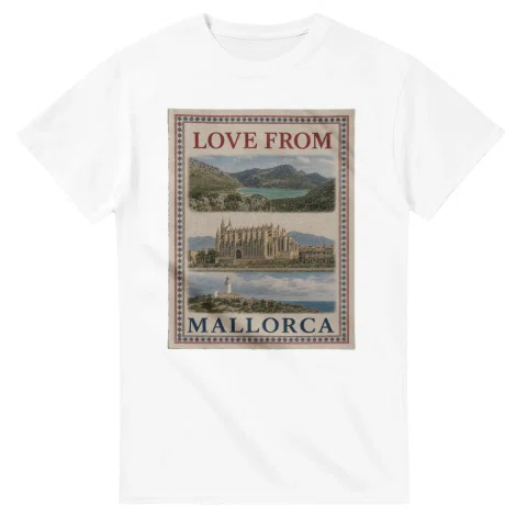 Framed scenic design for Mallorca, with several local views, a decorative border and LOVE FROM lettering.