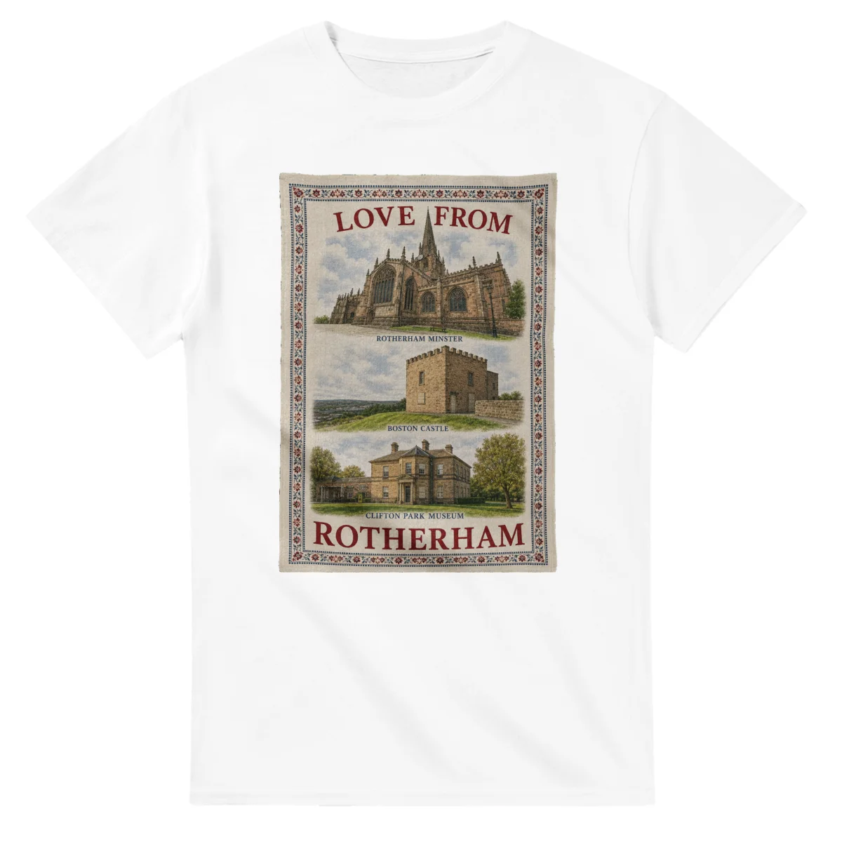 Framed scenic design for Rotherham, with several local views, a decorative border and LOVE FROM lettering.