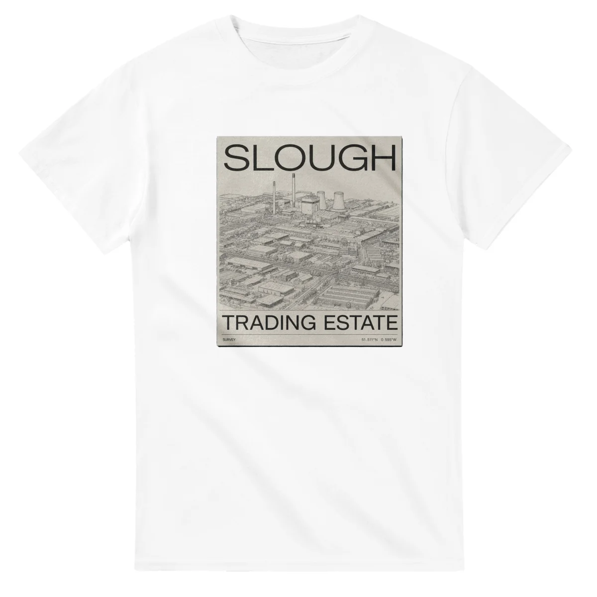 Fine-line engraving-style drawing for Slough, with a landmark caption and small coordinate text.