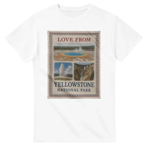 Framed scenic design for Yellowstone National Park, with several local views, a decorative border and LOVE FROM lettering.