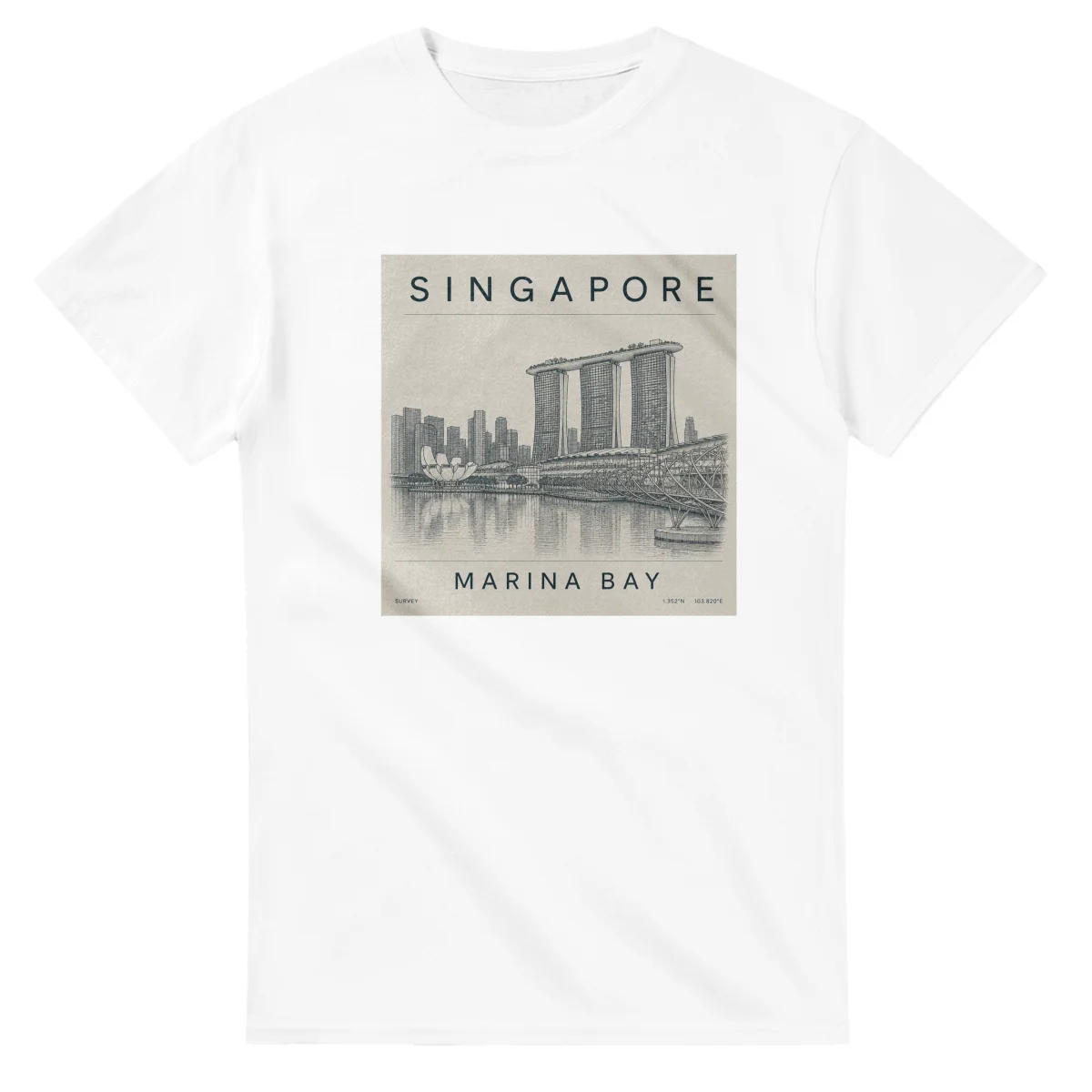 Fine-line engraving-style drawing for Singapore, with a landmark caption and small coordinate text.