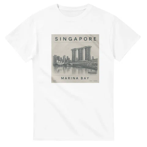 Fine-line engraving-style drawing for Singapore, with a landmark caption and small coordinate text.