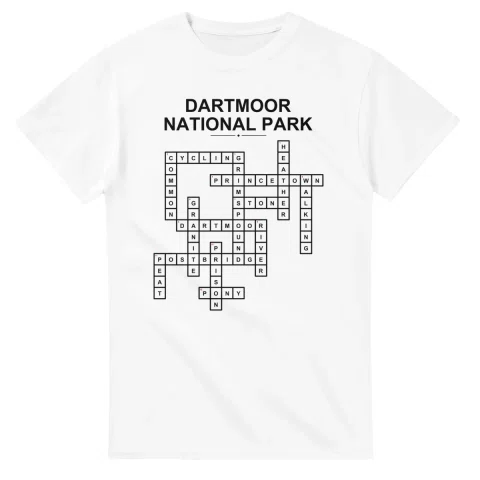 Monochrome crossword sheet for Dartmoor National Park, with a large place-name heading, a letter grid, and numbered across and down clues.