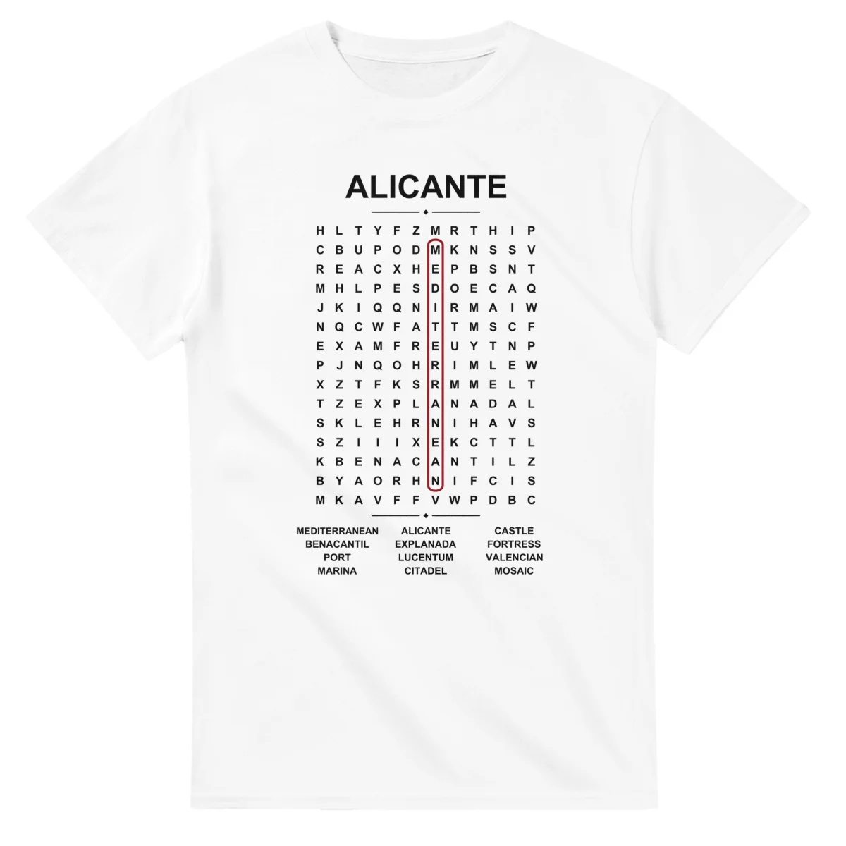 Word-search sheet for Alicante, with a large place-name heading, a letter grid, a local answer list, and a red highlighted example word.