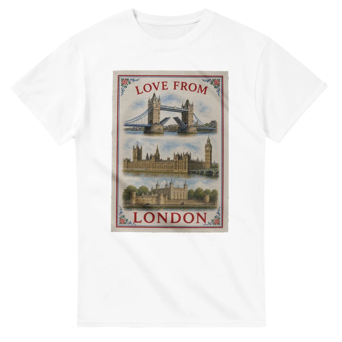 Framed scenic design for London, with several local views, a decorative border and LOVE FROM lettering.