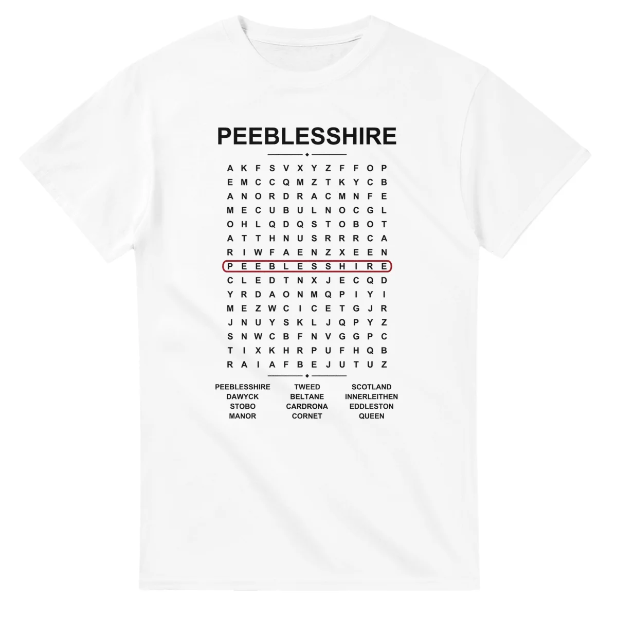 Word-search sheet for Peeblesshire, with a large place-name heading, a letter grid, a local answer list, and a red highlighted example word.