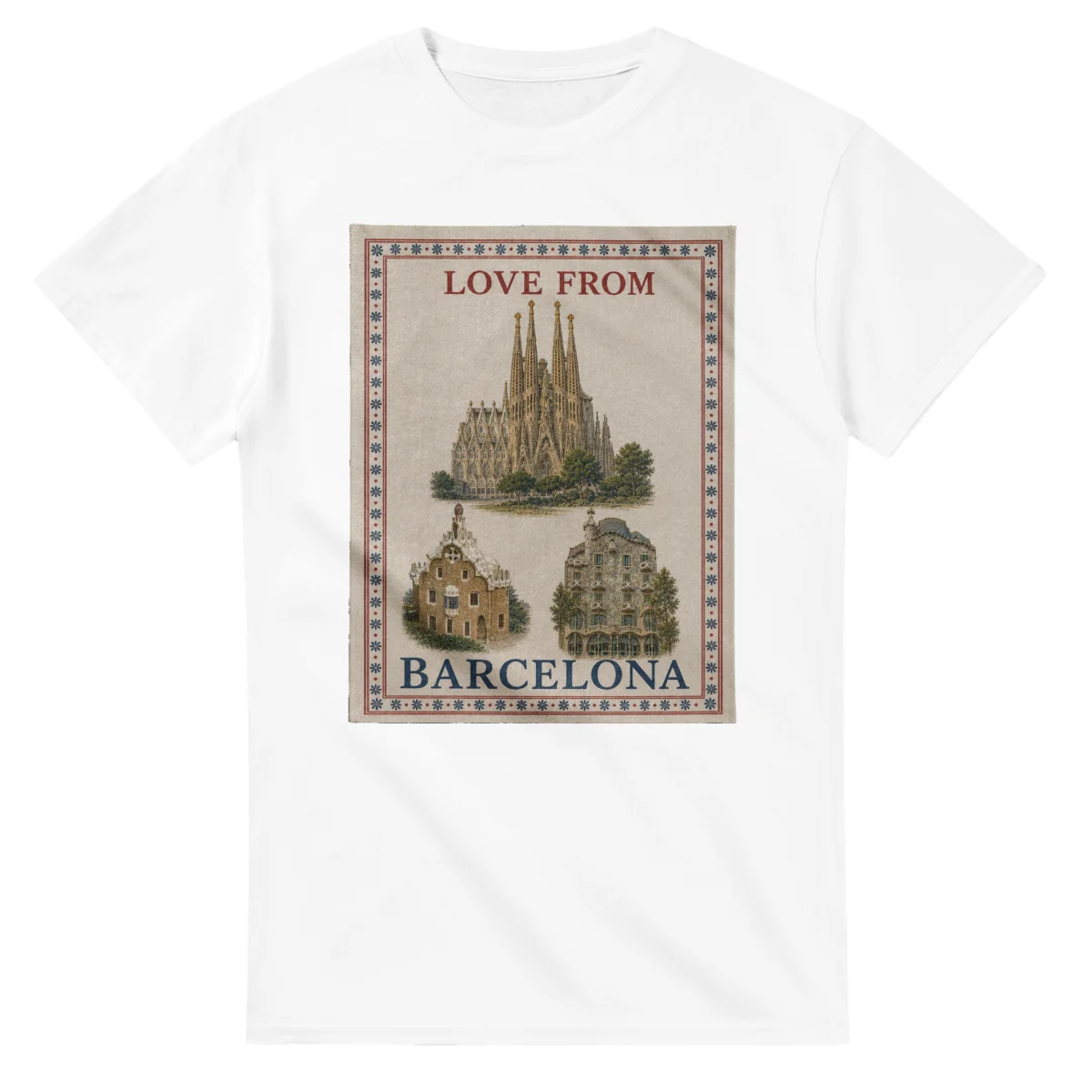 Framed scenic design for Barcelona, with several local views, a decorative border and LOVE FROM lettering.