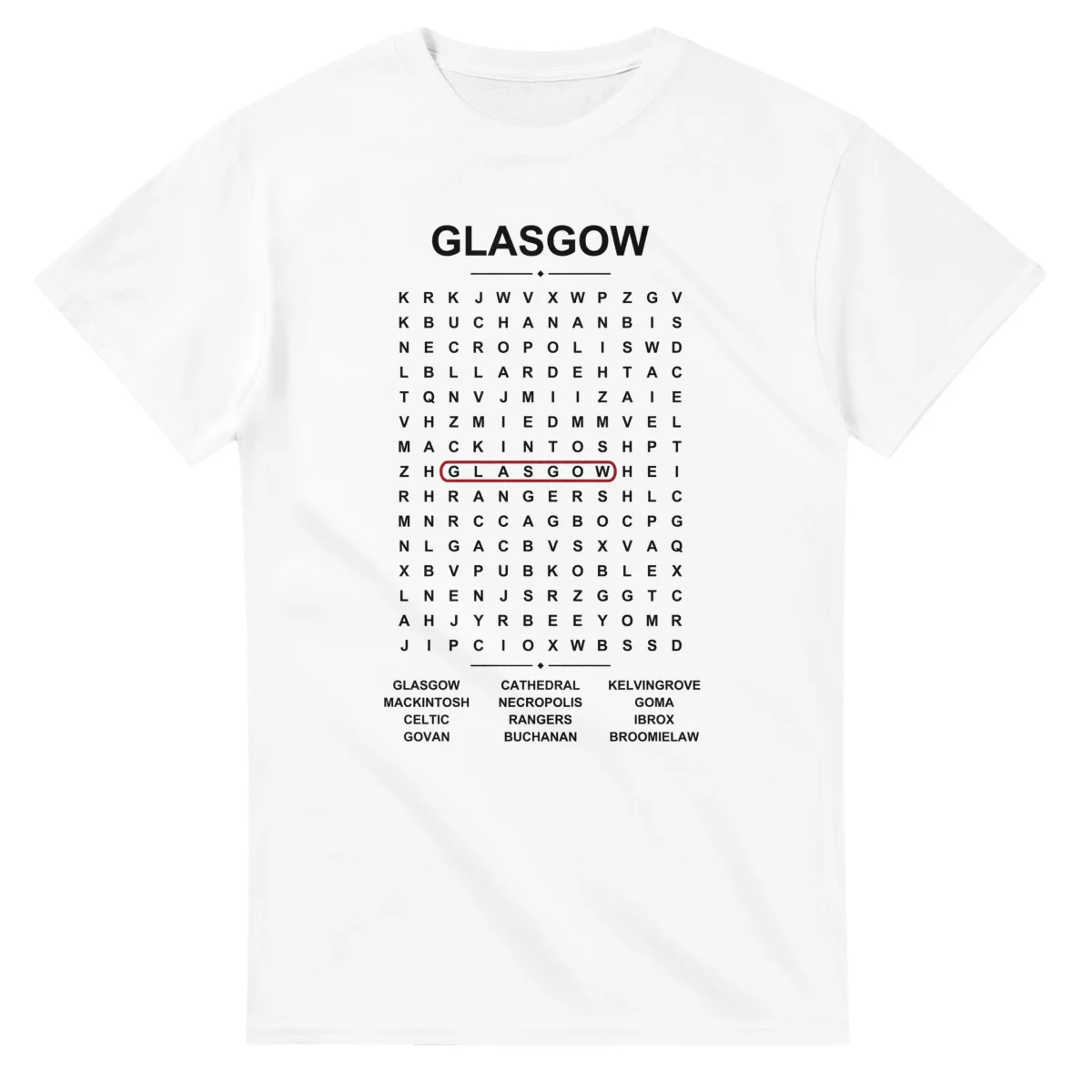 Word-search sheet for Glasgow, with a large place-name heading, a letter grid, a local answer list, and a red highlighted example word.