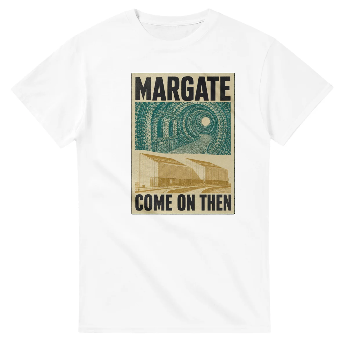 Two-colour scenic illustration for Margate, with the place name and COME ON THEN lettering.