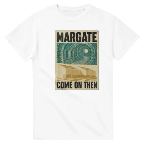 Two-colour scenic illustration for Margate, with the place name and COME ON THEN lettering.