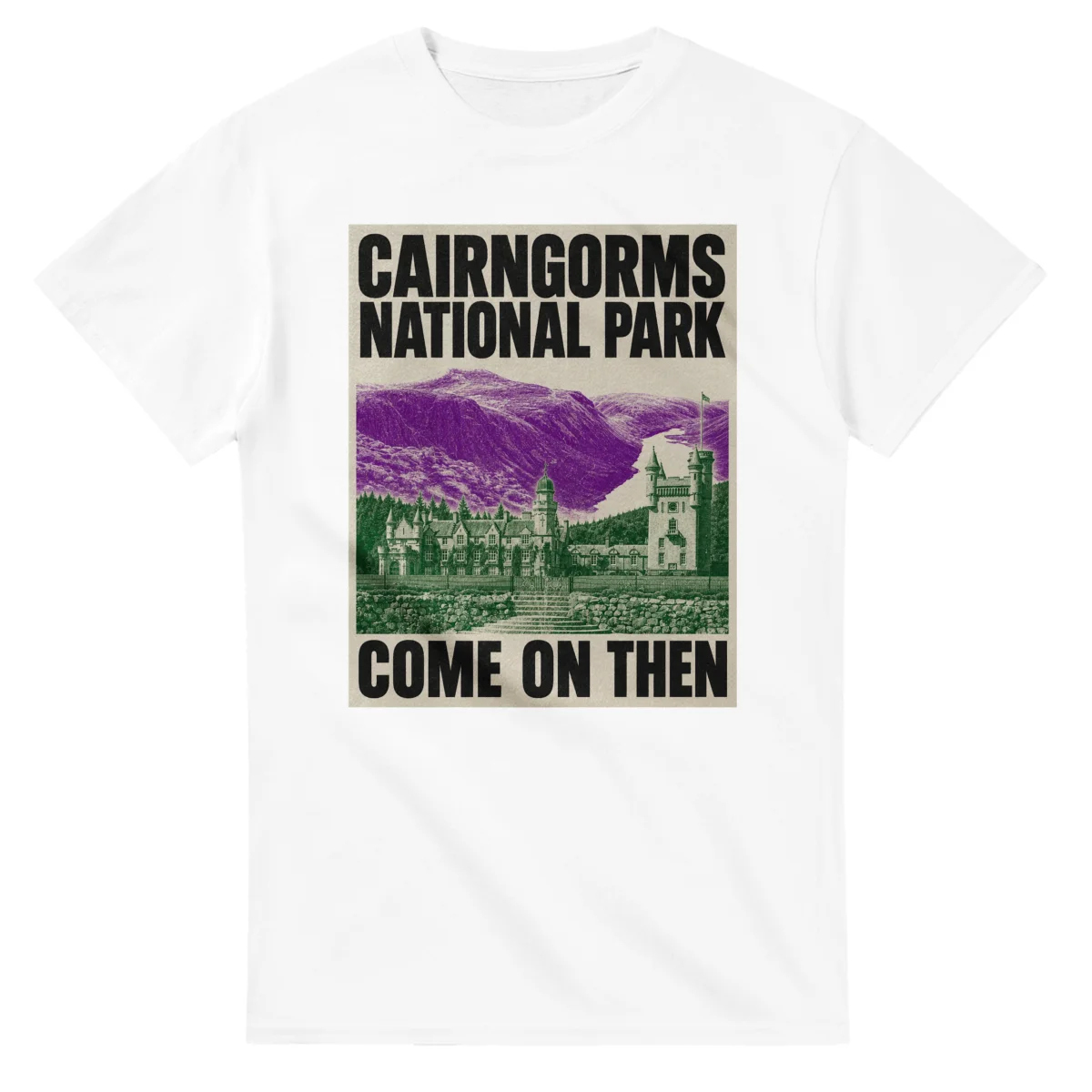 Two-colour scenic illustration for Cairngorms National Park, with the place name and COME ON THEN lettering.