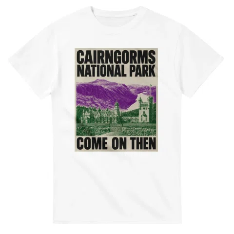 Two-colour scenic illustration for Cairngorms National Park, with the place name and COME ON THEN lettering.