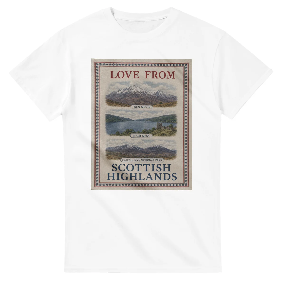 Framed scenic design for Scottish Highlands, with several local views, a decorative border and LOVE FROM lettering.