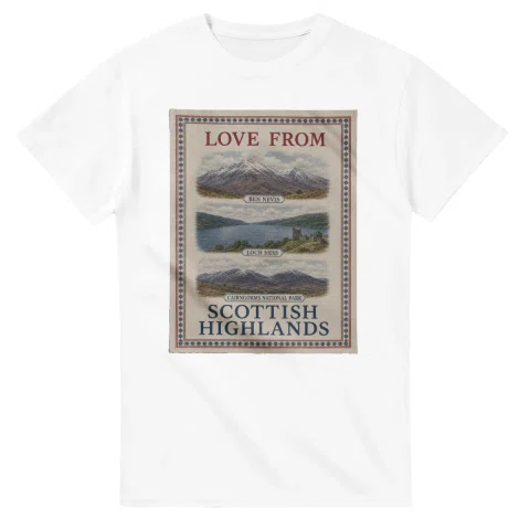 Framed scenic design for Scottish Highlands, with several local views, a decorative border and LOVE FROM lettering.