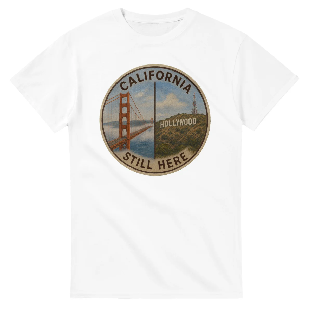 Painted, panelled scenic illustration for California, with paired local scenes and the place name in lettering.