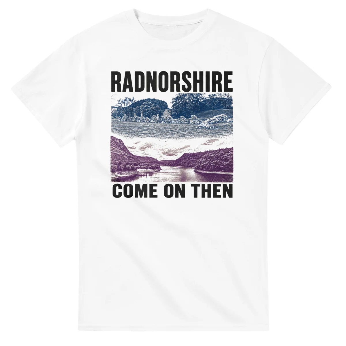Two-colour scenic illustration for Radnorshire, with the place name and COME ON THEN lettering.