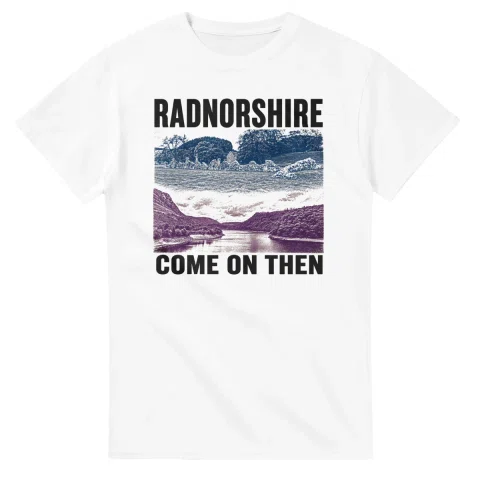 Two-colour scenic illustration for Radnorshire, with the place name and COME ON THEN lettering.