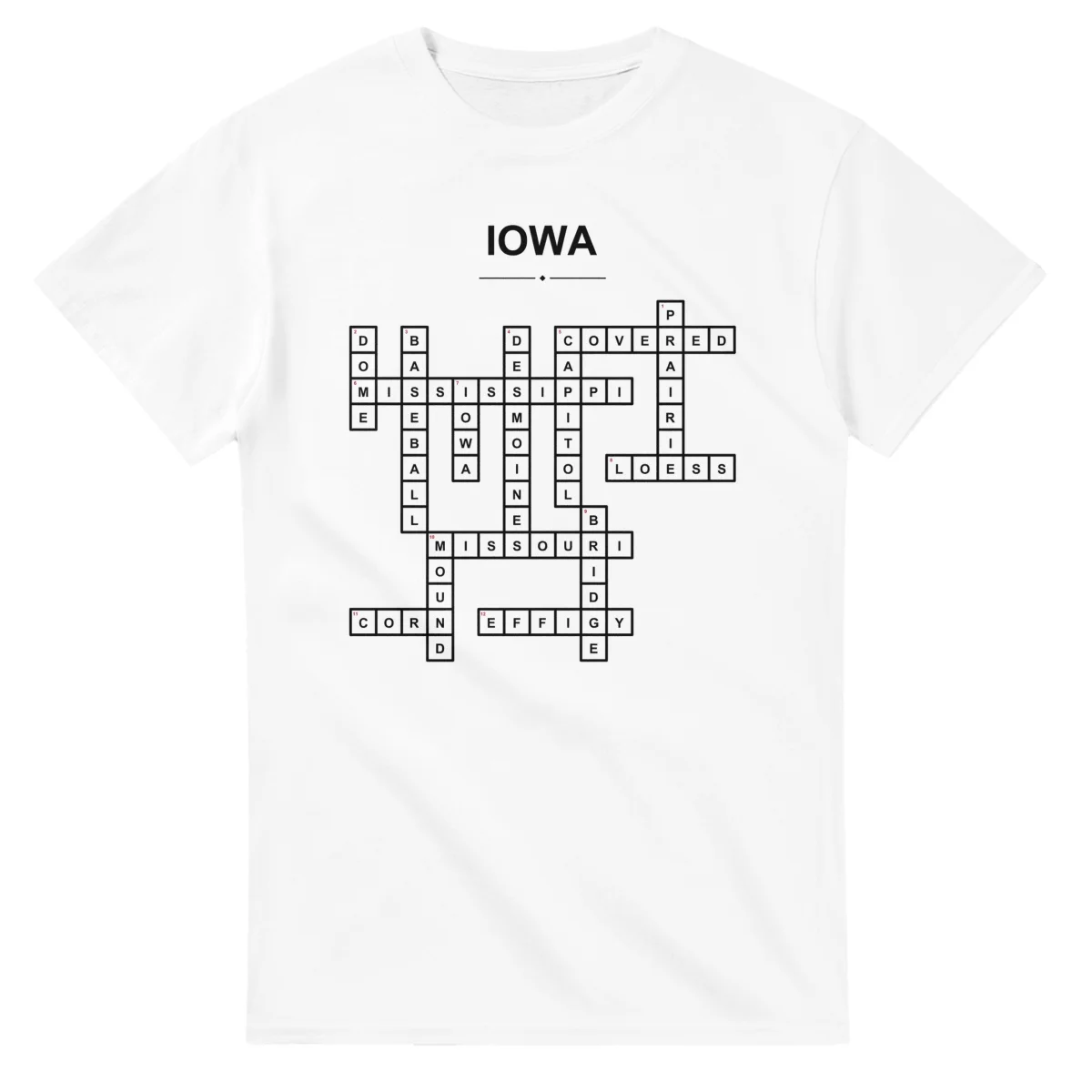 Monochrome crossword sheet for Iowa, with a large place-name heading, a letter grid, and numbered across and down clues.
