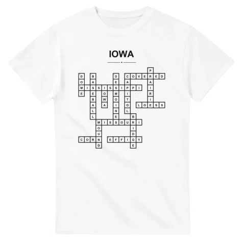 Monochrome crossword sheet for Iowa, with a large place-name heading, a letter grid, and numbered across and down clues.