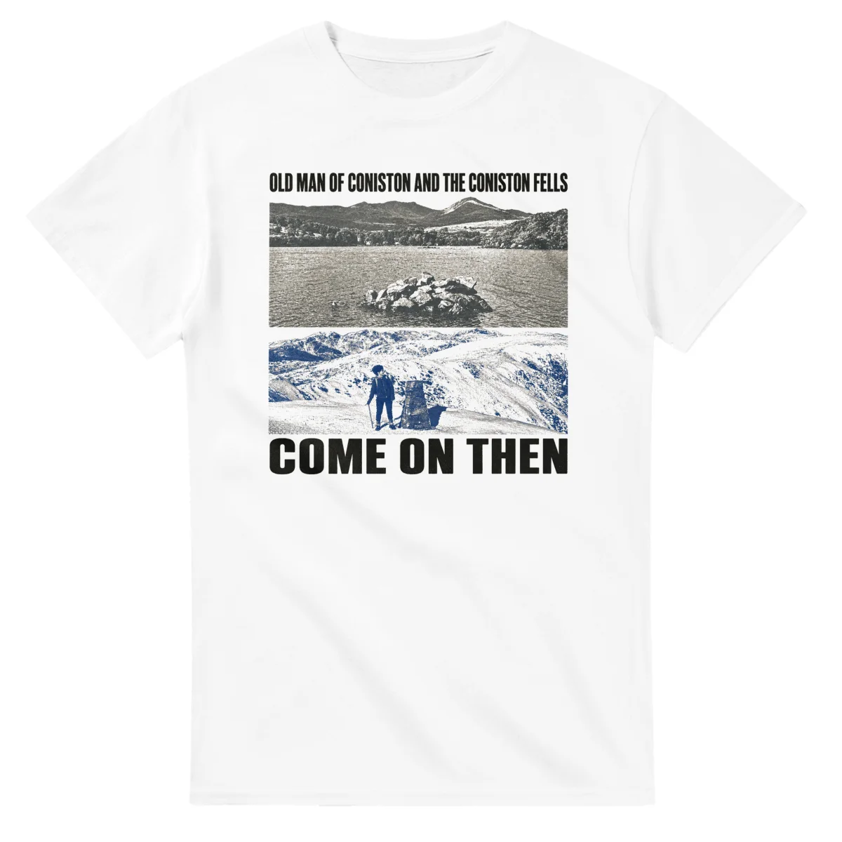 Two-colour scenic illustration for Old Man of Coniston, with the place name and COME ON THEN lettering.