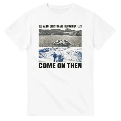 Two-colour scenic illustration for Old Man of Coniston, with the place name and COME ON THEN lettering.