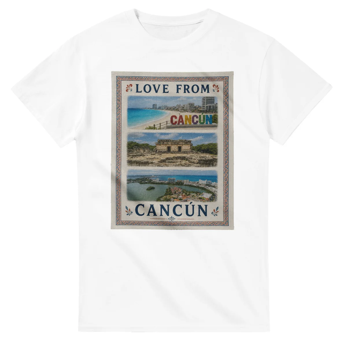 Framed scenic design for Cancún, with several local views, a decorative border and LOVE FROM lettering.