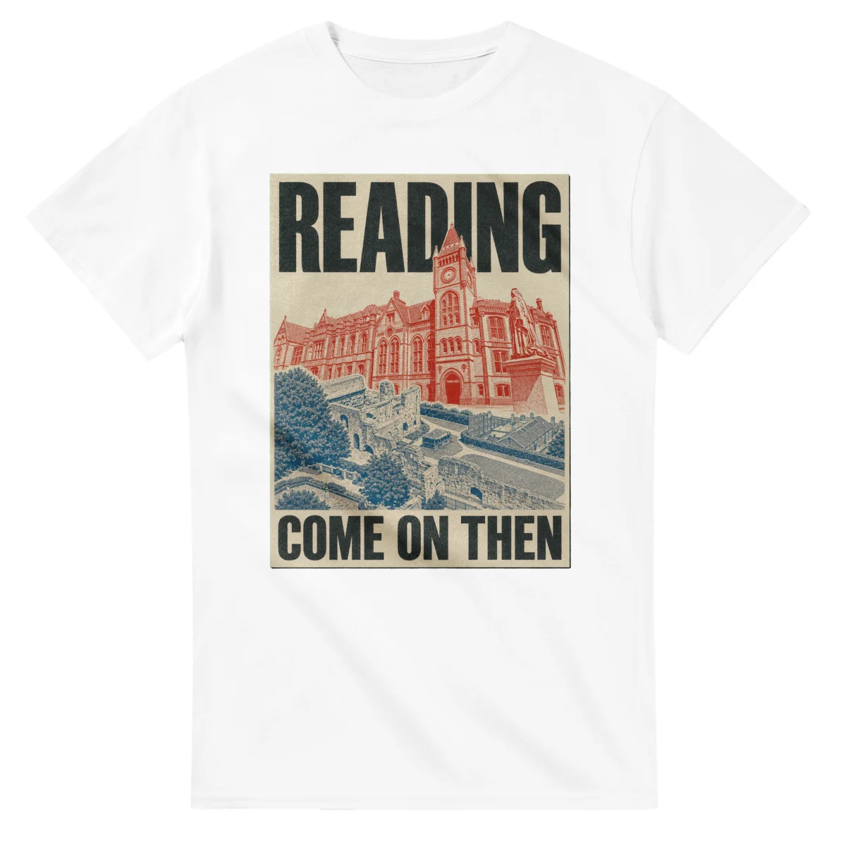 Two-colour scenic illustration for Reading, with the place name and COME ON THEN lettering.