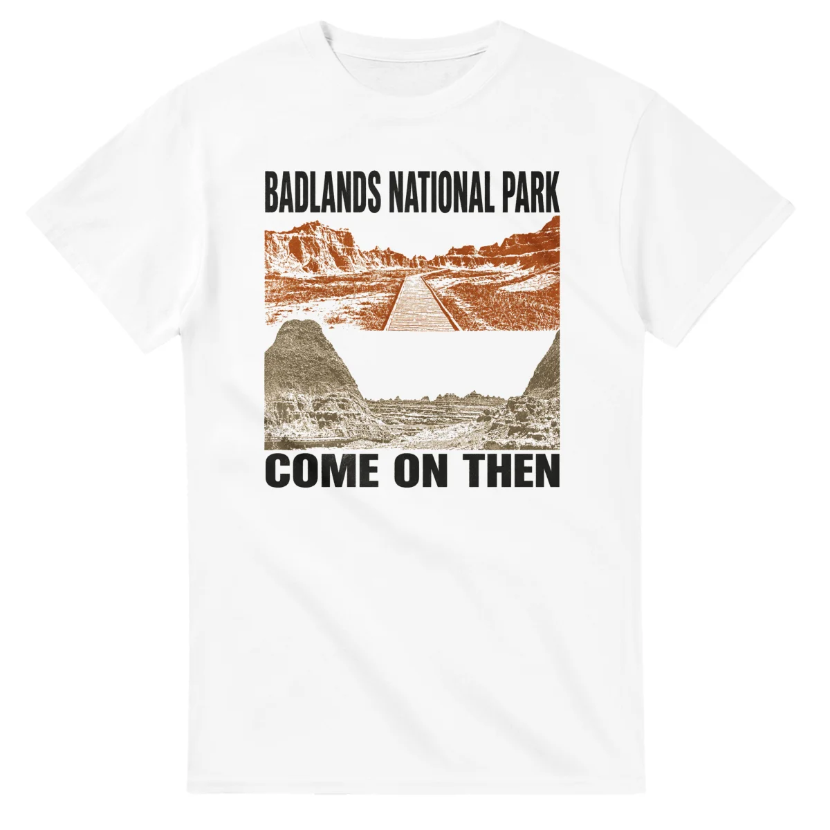 Two-colour scenic illustration for Badlands National Park, with the place name and COME ON THEN lettering.