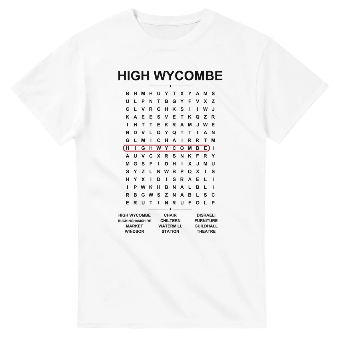 Word-search sheet for High Wycombe, with a large place-name heading, a letter grid, a local answer list, and a red highlighted example word.