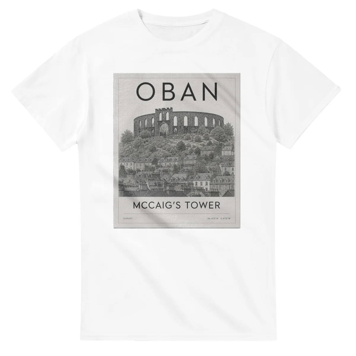 Fine-line engraving-style drawing for Oban, with a landmark caption and small coordinate text.