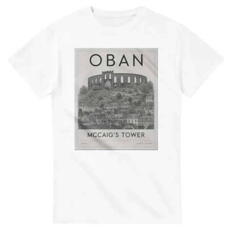Fine-line engraving-style drawing for Oban, with a landmark caption and small coordinate text.